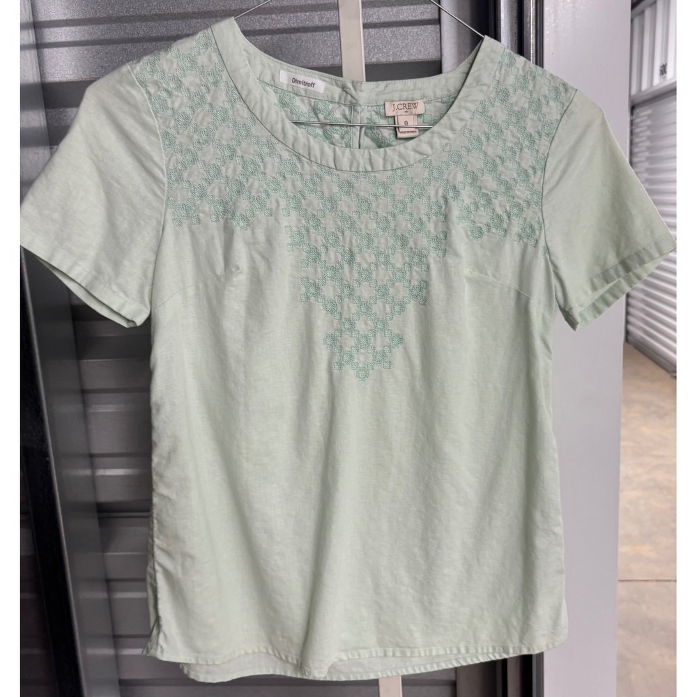 J.Crew Mint Green Linen Cotton Embroidered Short Sleeve Top C4500 Size 0